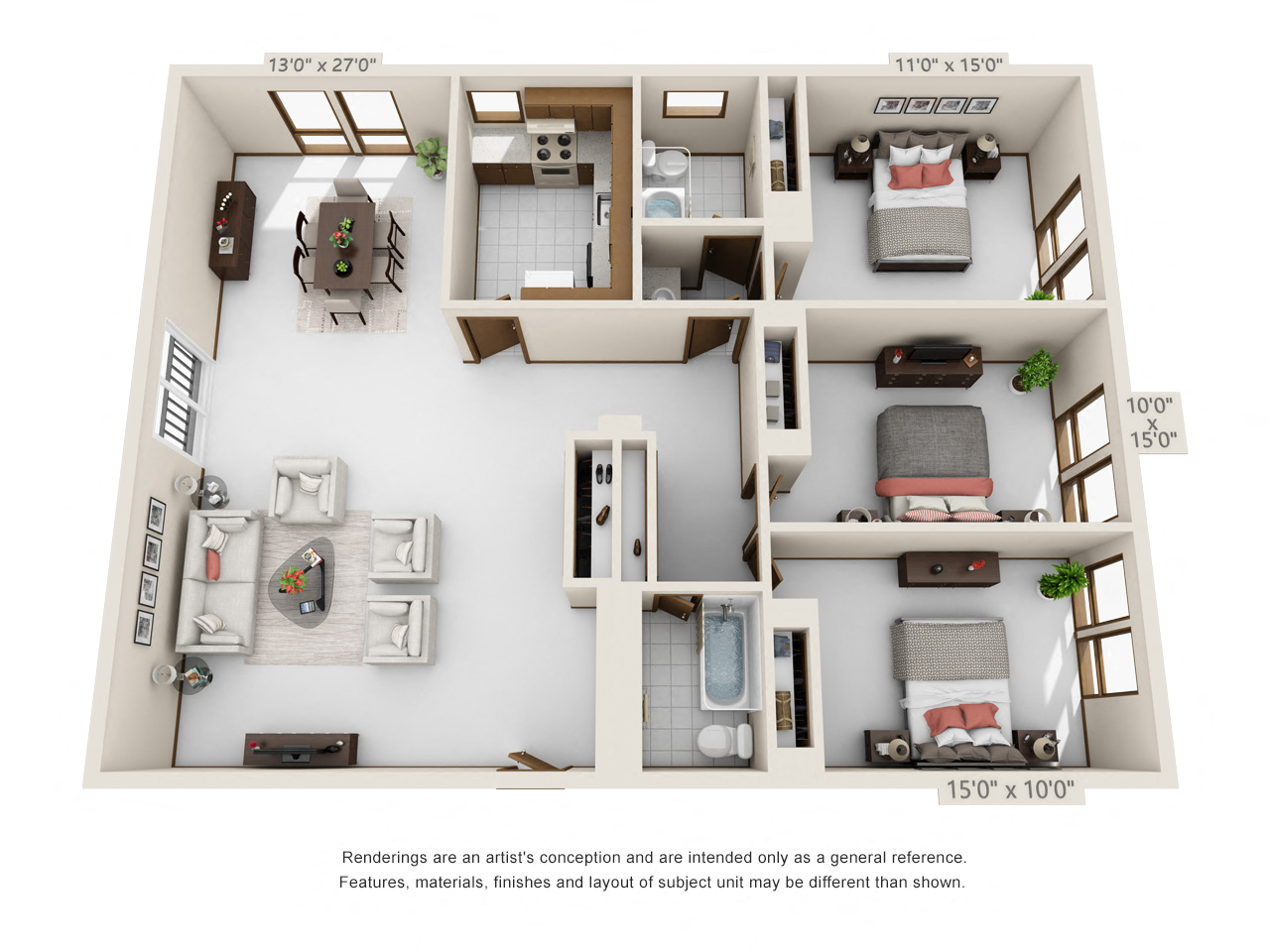 3 Bedroom Floor Plan at Wayzata Woods Apartments, Wayzata, Minnesota